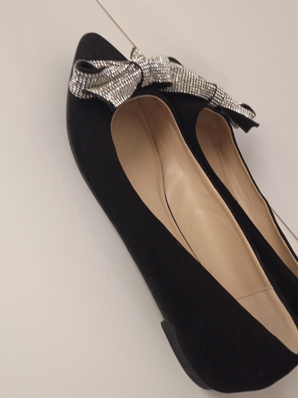 Black Pointed Toe Flats with Rhinestone Bow Accent